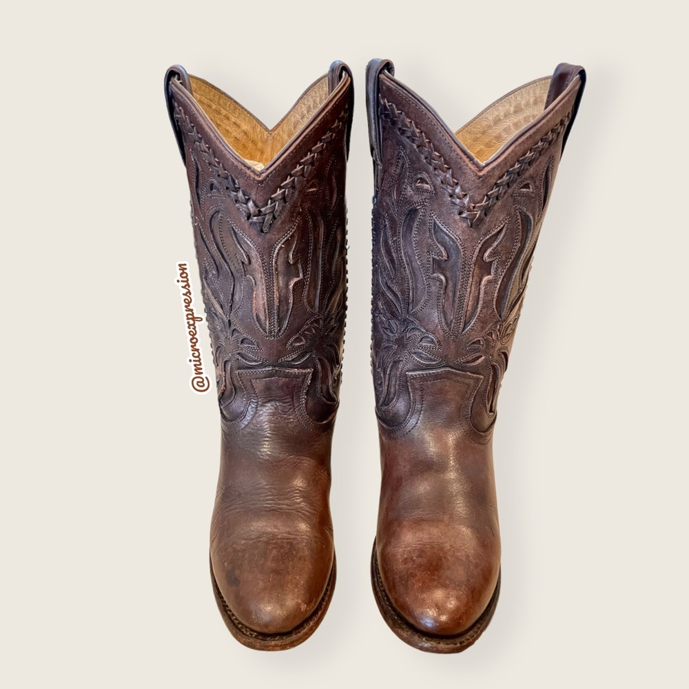 $429 Frye Wyatt Overlay Brown Leather Embroidered Pattern Tall Cute Cowboy Boot - Picture 4 of 12